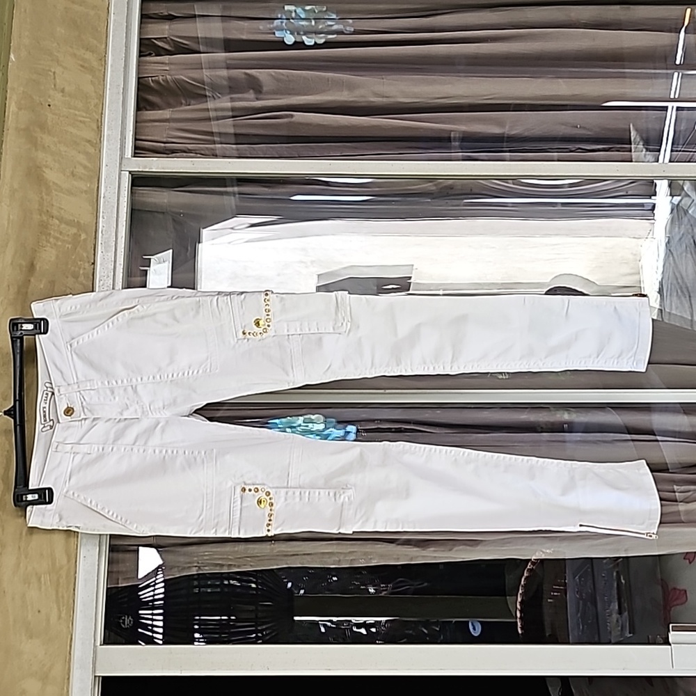 Robin's Jean white stretch pants with gold studs and buttons. Size 28.